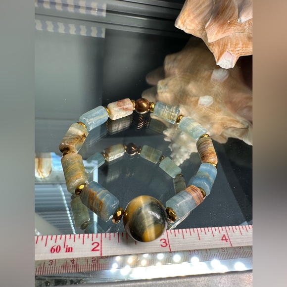LEMURIAN AQUATINE BARRELS + YELLOW TIGERS NATURAL STONES BRACELET size 7” - Picture 7 of 10